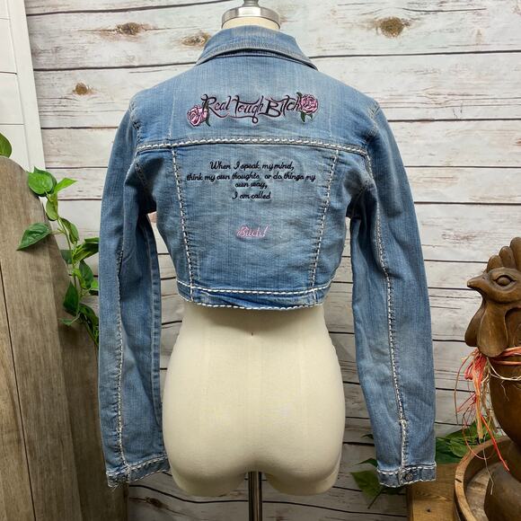 RTB Real Tough B itch Denim Jacket MEDIUM Biker Babe Blue Jean Embroidered Bling - Picture 1 of 10